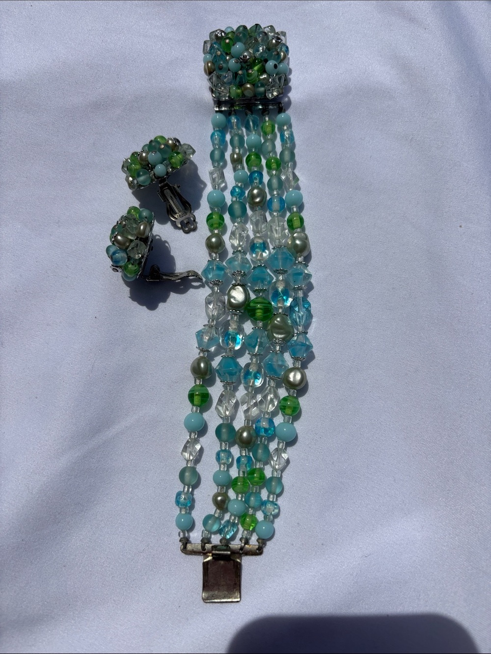 Multi-Strand Blue & Green Beaded Bracelet with Matching Earrings